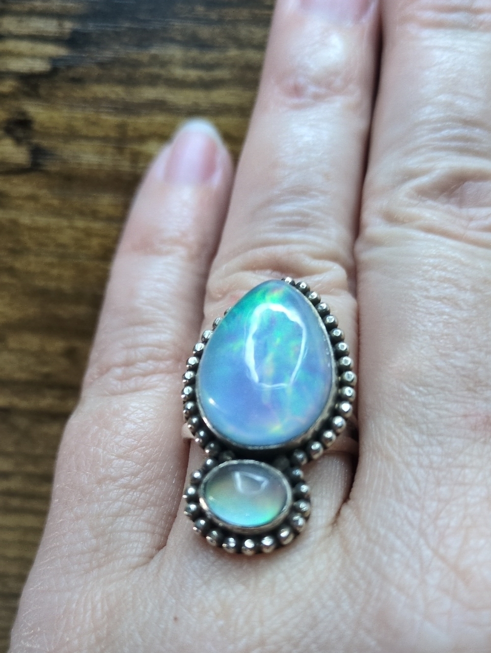 Opal Teardrop Double Stone Sterling-Style Ring in Iridescent Blue-Green